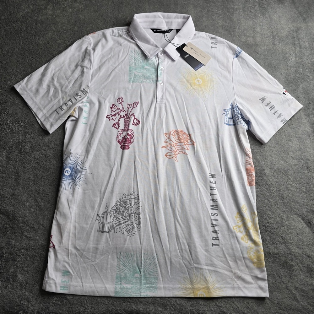 NWT Travis Mathew Polo Shirt Mens XL White Passport Entry Graphic Golf